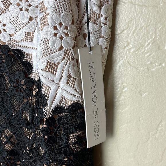 DRESS THE POPULATION NWT - VERA LACE PLUNGE NECK BLACK/WHITE MIDI DRESS- S - Picture 7 of 13